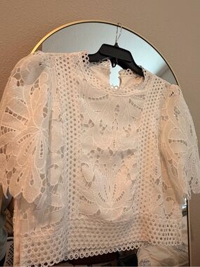 Lace Crochet White Puff-Sleeve Blouse
